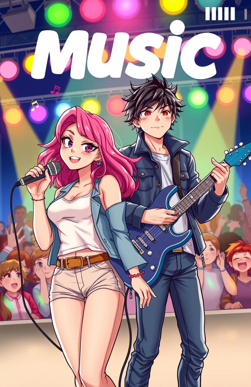 A colorful and dynamic webtoon cover featuring a lively music theme