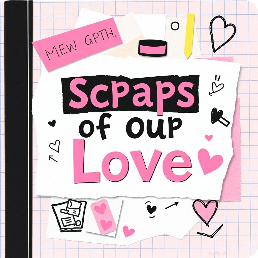 A playful and crafty book cover for a DIY scrapbook titled 'Scraps of Our Love', sized at 6 x 9 inches