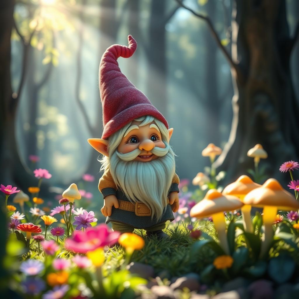 A mystical small creature, resembling a gnome, standing in an enchanted forest