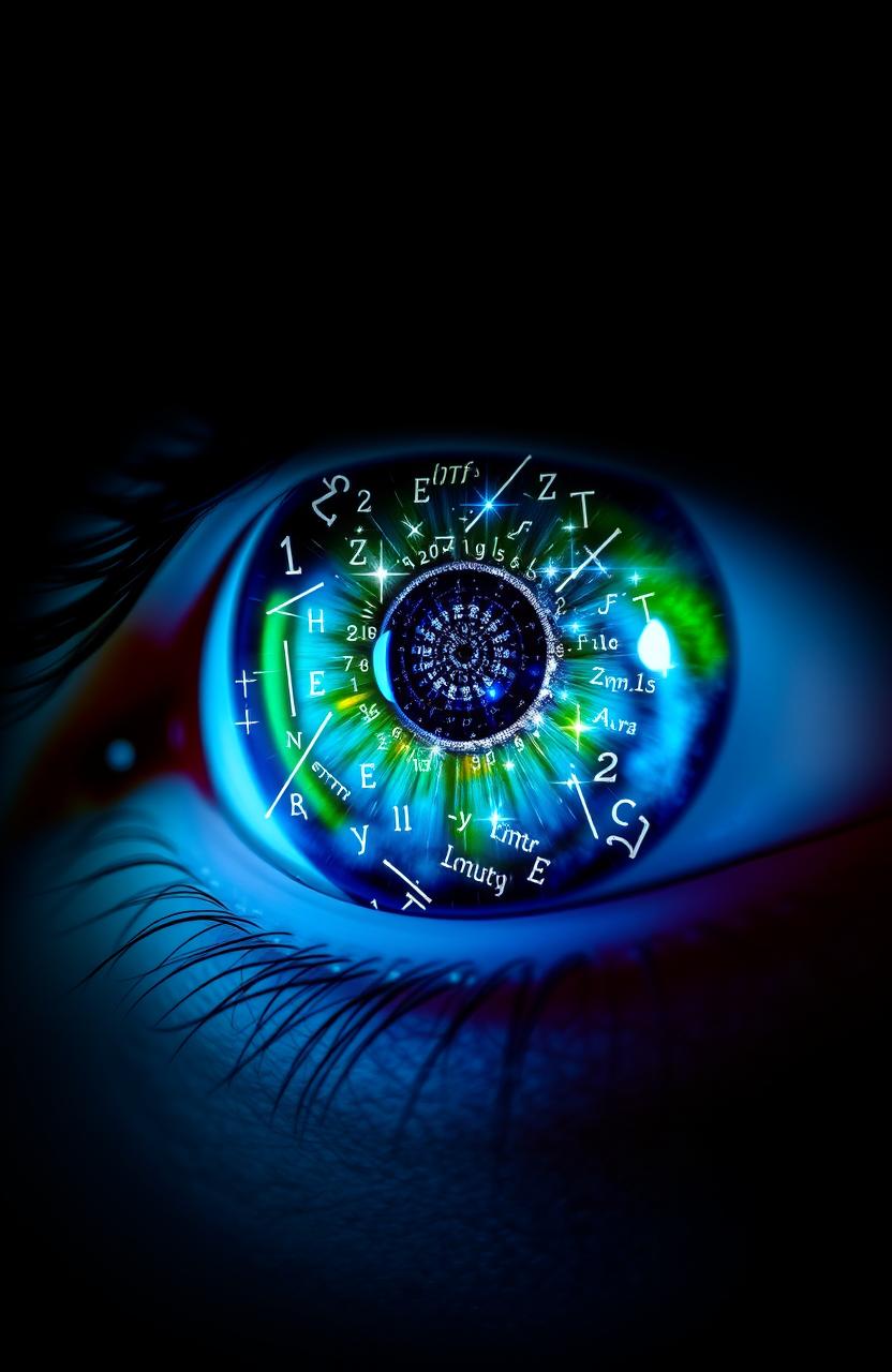 A close-up of a human eye, vividly colored in bright blue and green, set against a shadowy and neutral background