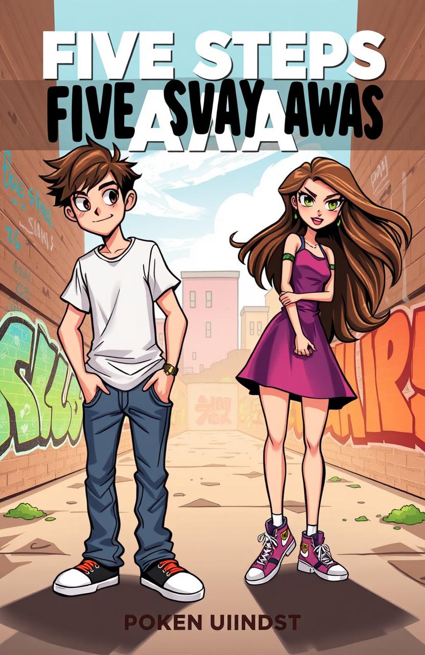 Illustration for the book cover 'Five Steps Away', depicting a boy and a girl in a dynamic standoff