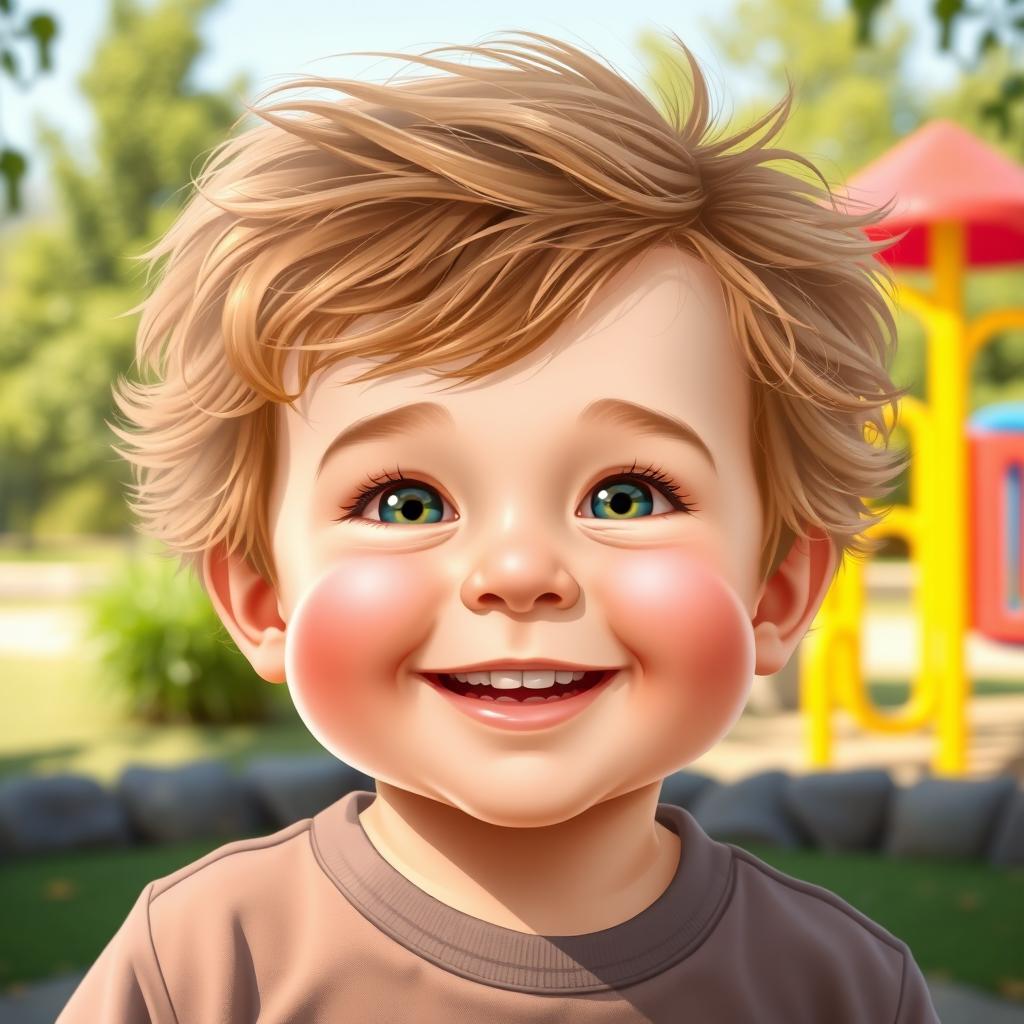 A highly realistic graphic illustration of a five-year-old boy, reflecting the unique facial features and hairstyle of a nine-month-old baby in a creative and imaginative way