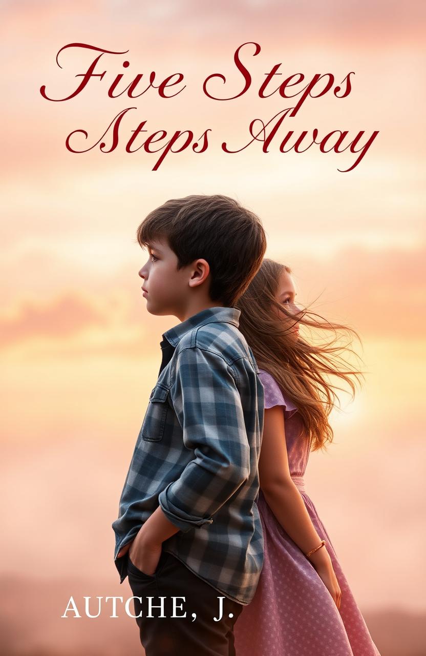 A captivating book cover for 'Five Steps Away' featuring a young boy and girl standing apart, with the boy looking towards the girl with a longing expression