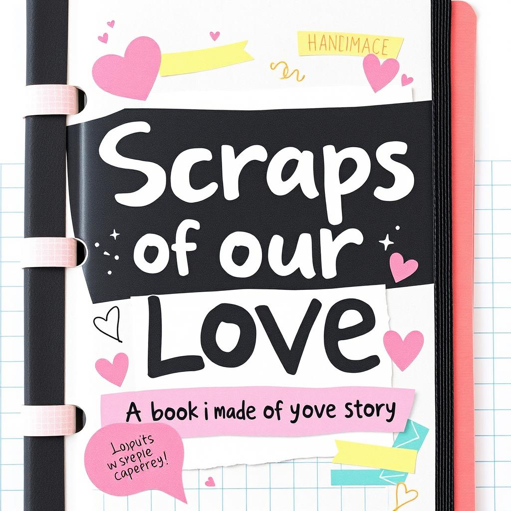 A playful, handmade-style book cover for 'Scraps of Our Love' with the subtitle 'A Book I Made of Our Love Story'