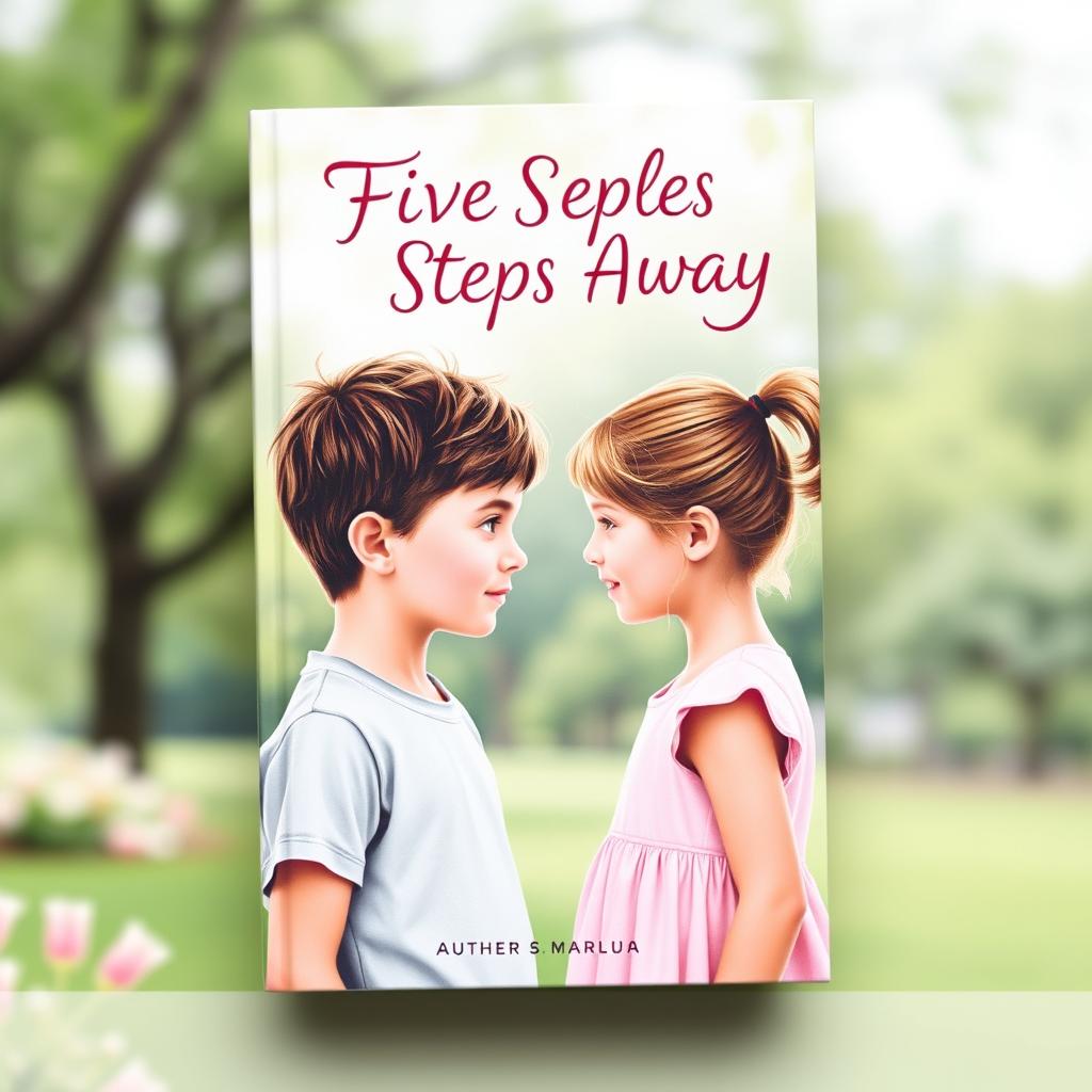 A charming book cover for 'Five Steps Away' featuring a young boy and girl facing each other