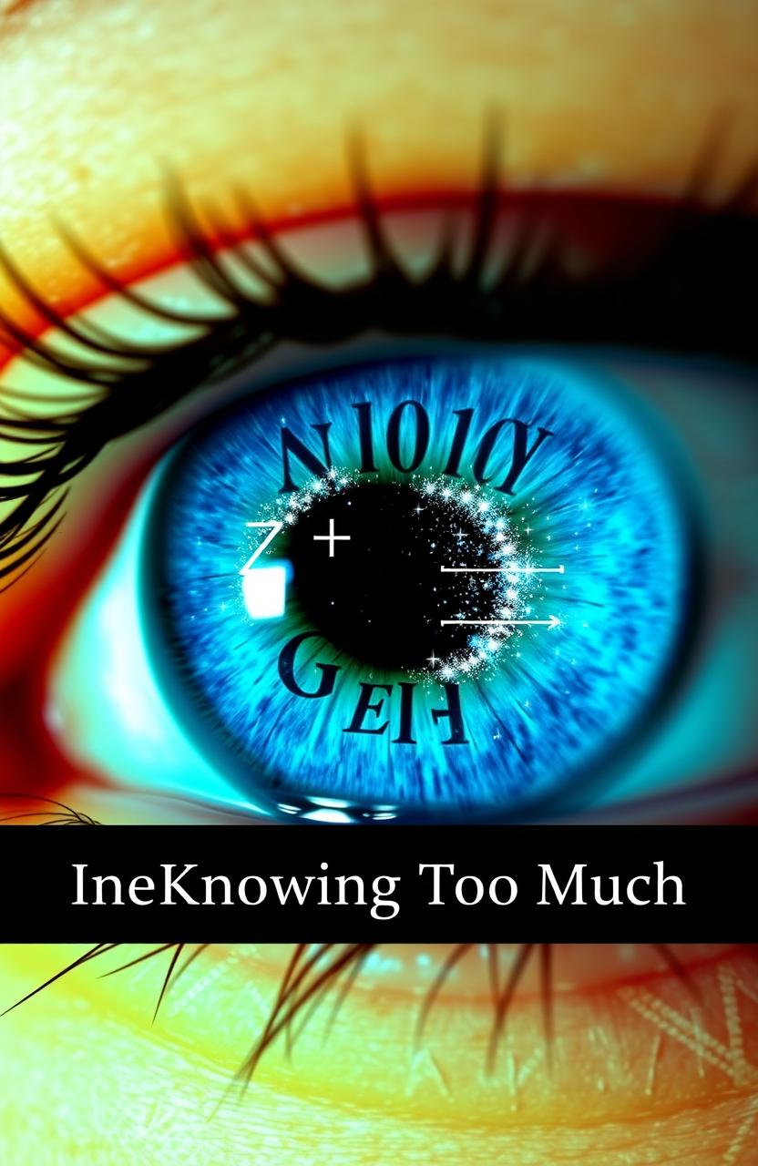 A close-up of a striking human eye, vividly colored in bright blue or green, set against a shadowy or neutral background