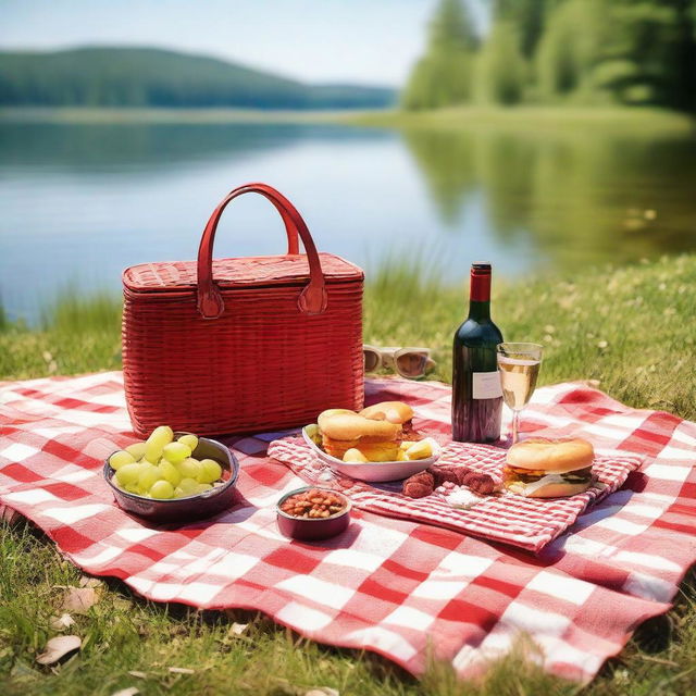 A lively outdoor picnic scene set by a large, peaceful lake on a sunny day, with green grass, a red-and-white checkered blanket full of various typical picnic foods, a bottle of chilled wine, and a pair of sunglasses.