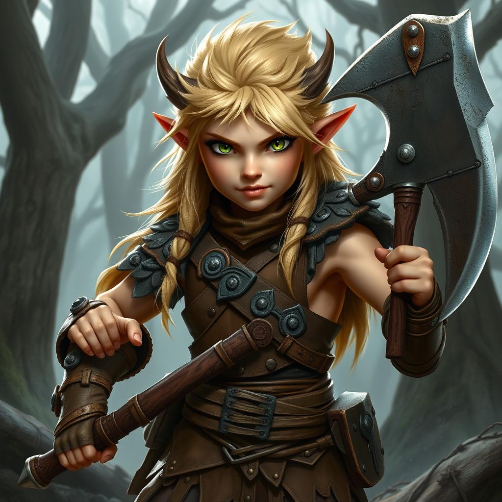 A fierce female halfling barbarian with wild blonde hair and striking green eyes