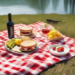 A lively outdoor picnic scene set by a large, peaceful lake on a sunny day, with green grass, a red-and-white checkered blanket full of various typical picnic foods, a bottle of chilled wine, and a pair of sunglasses.