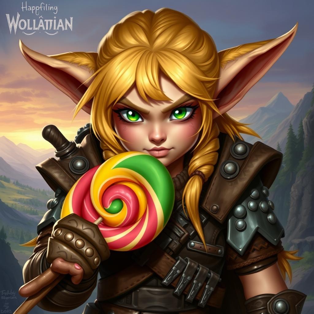 A fierce female halfling barbarian with vibrant blonde hair and striking green eyes, wearing rugged leather armor adorned with tribal motifs, is confidently holding a large, colorful lollipop