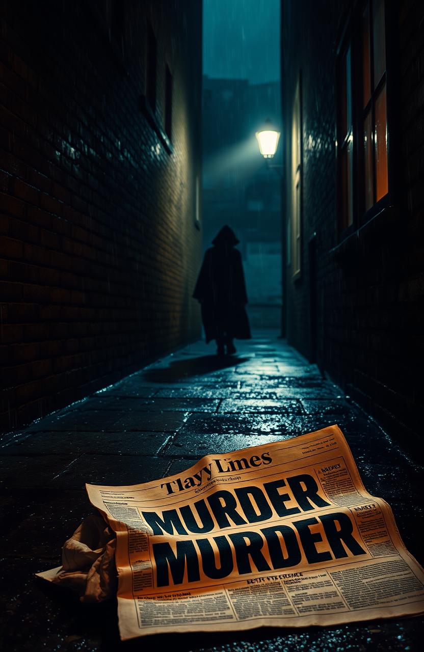A suspenseful mystery scene set in a dimly lit, rain-soaked alley at night