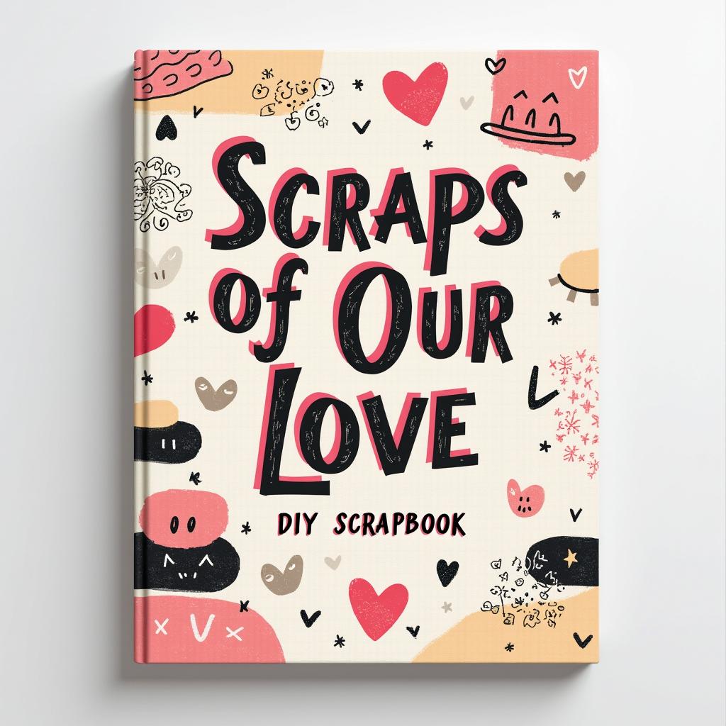A playful and crafty book cover design for a DIY scrapbook titled 'Scraps of Our Love', with dimensions of 6 x 9 inches
