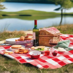 A lively outdoor picnic scene set by a large, peaceful lake on a sunny day, with green grass, a red-and-white checkered blanket full of various typical picnic foods, a bottle of chilled wine, and a pair of sunglasses.