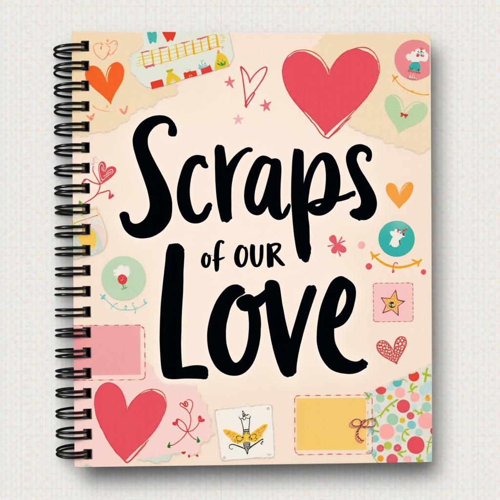 A delightful and creative book cover design for a DIY scrapbook titled 'Scraps of OUR Love', sized at 6 x 9 inches
