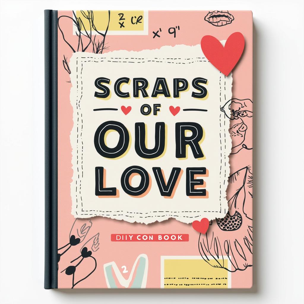 A playful and crafty book cover design for a DIY scrapbook titled 'Scraps of Our Love', with dimensions of 6 x 9 inches