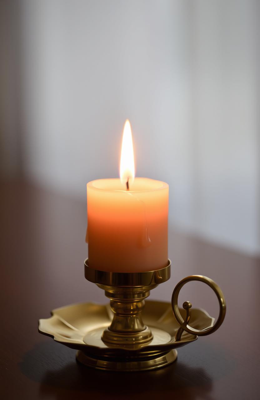 A beautifully lit candle placed in an elegant candle holder with a handle, casting warm, soft light around the room