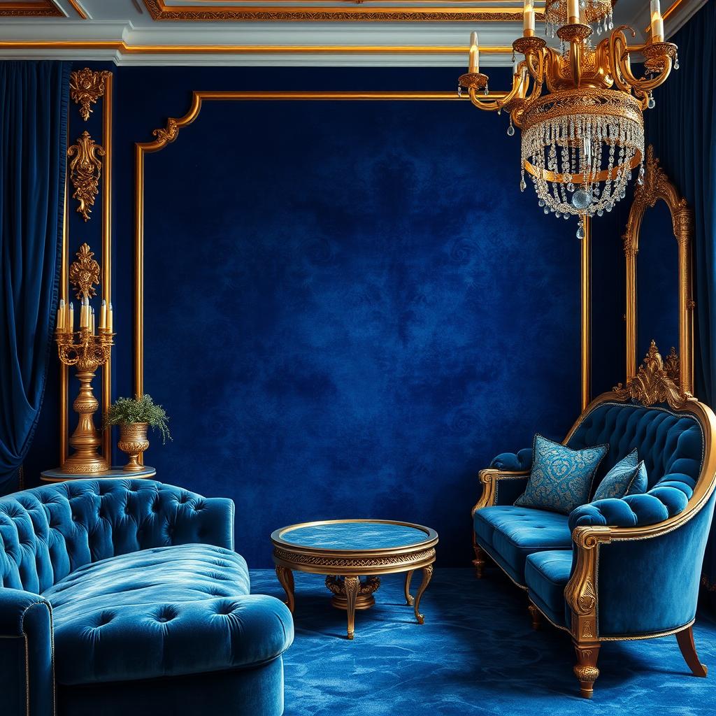 A luxurious scene with an elegant blue background, featuring rich textures and deep hues