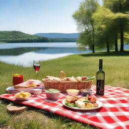 A lively outdoor picnic scene set by a large, peaceful lake on a sunny day, with green grass, a red-and-white checkered blanket full of various typical picnic foods, a bottle of chilled wine, and a pair of sunglasses.