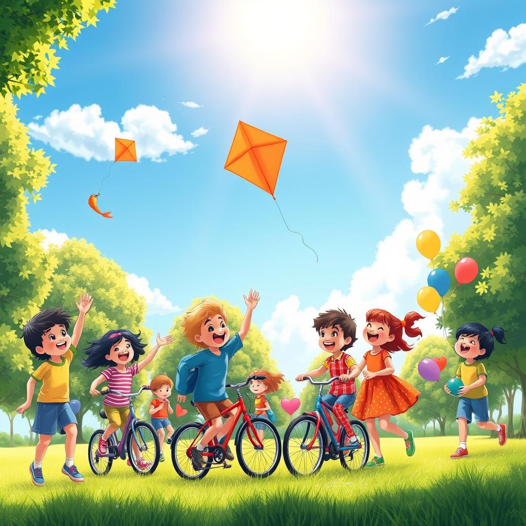 A vibrant and joyful scene depicting children playing in a sunlit park