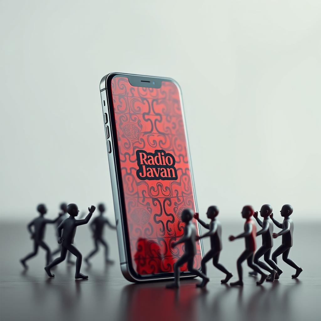 A sleek smartphone standing upright featuring a vibrant red puzzle design with intricate patterns