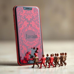 A sleek smartphone standing upright featuring a vibrant red puzzle design with intricate patterns