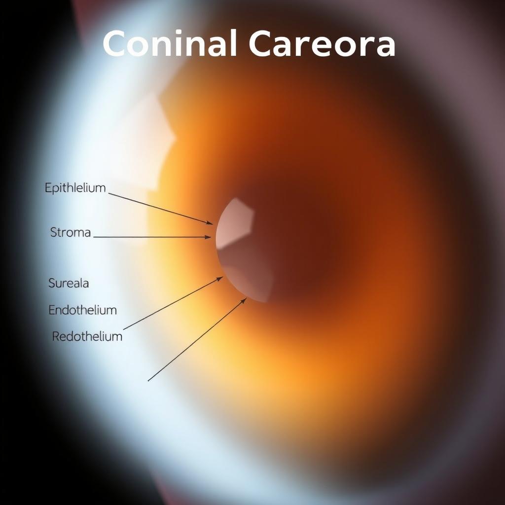 A close-up medical illustration of a conical cornea, highlighting the abnormal shape of the cornea characterized by an outward bulging in a cone-like formation