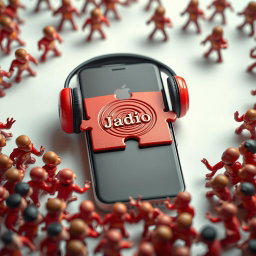 A sleek smartphone placed in the center, adorned with headphones