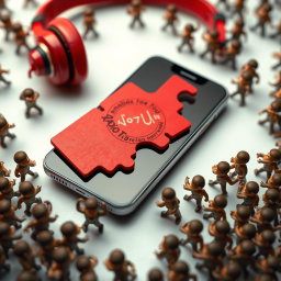 A sleek smartphone placed in the center, adorned with headphones