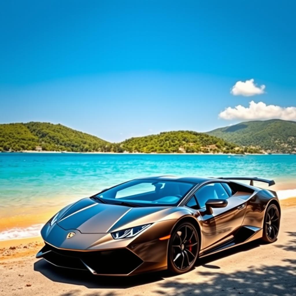 A picturesque Croatian seaside scene featuring a shiny Lamborghini Aventador parked elegantly in front of a beautiful beach