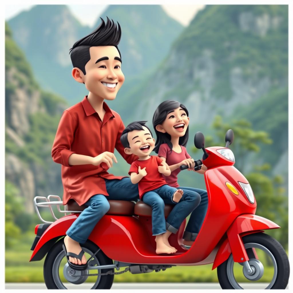 3D caricature of a Thai family riding a red weppa