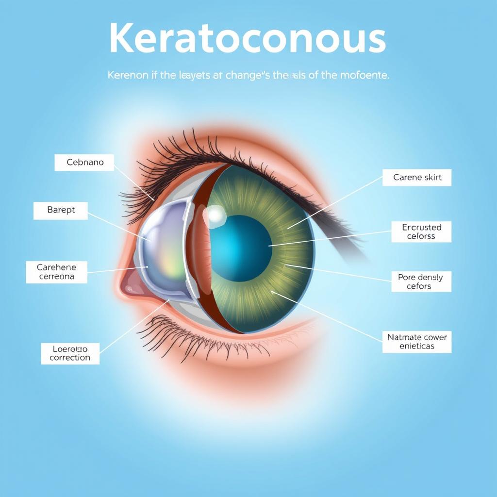 A detailed and informative illustration of a human eye affected by keratoconus, showcasing the changes in the cornea's shape