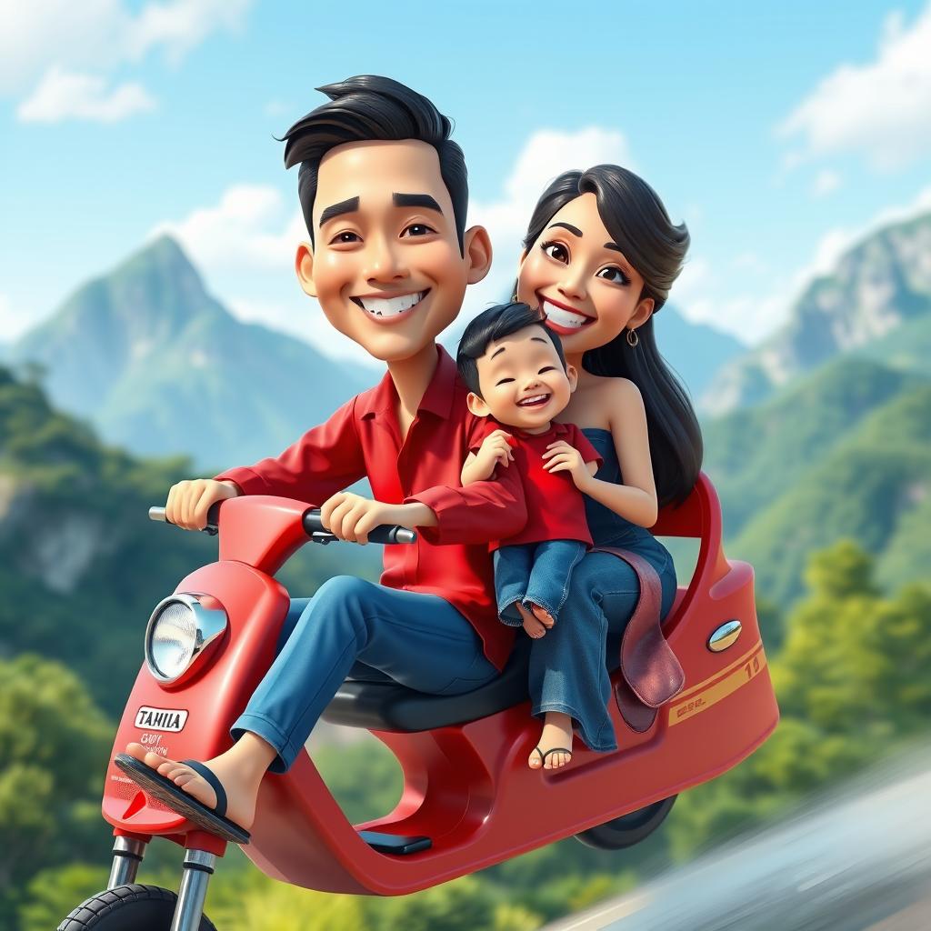A vibrant 3D caricature of a Thai family enjoying a fun ride on a red weppa