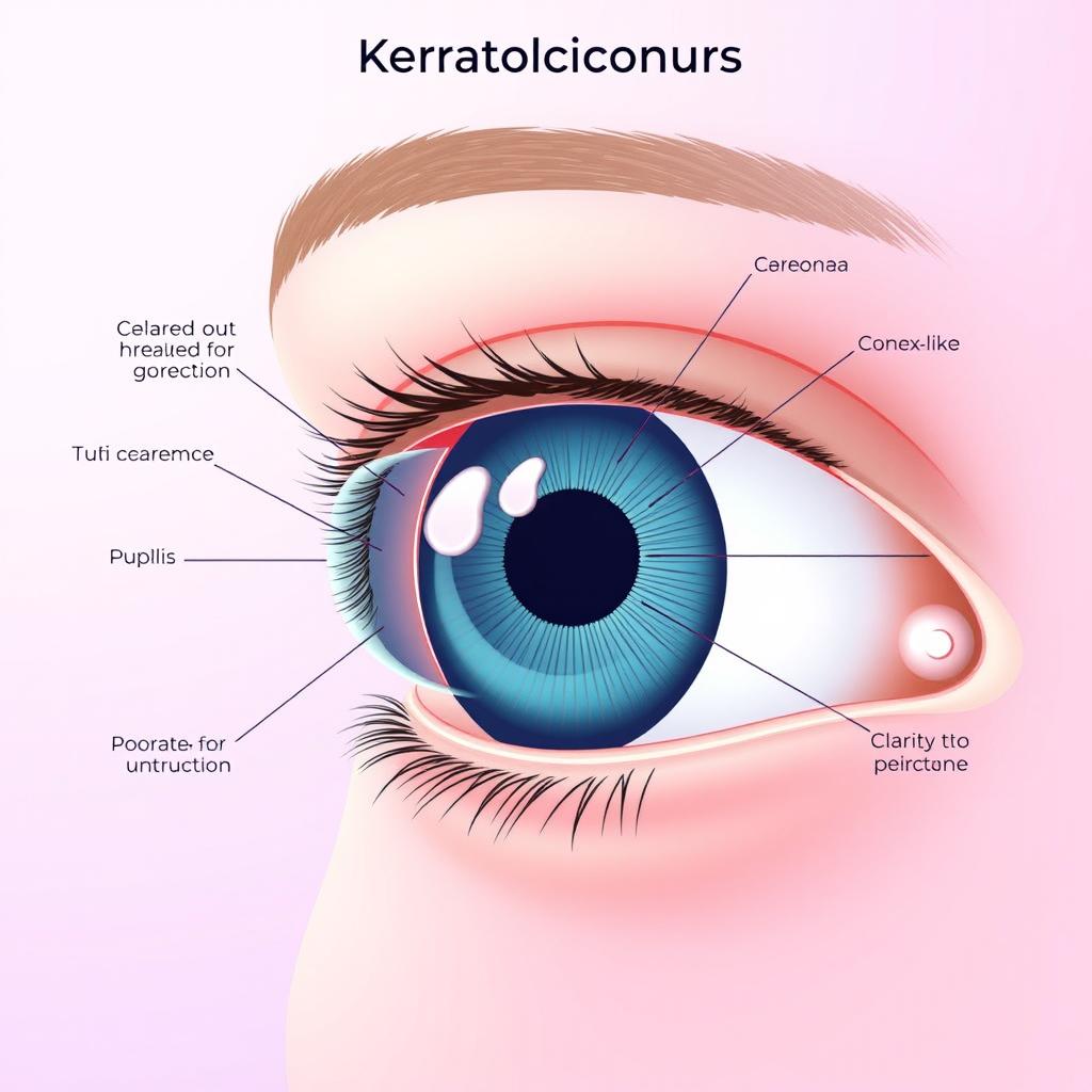 A detailed and informative illustration of a human eye affected by keratoconus, showcasing the changes in the cornea's shape