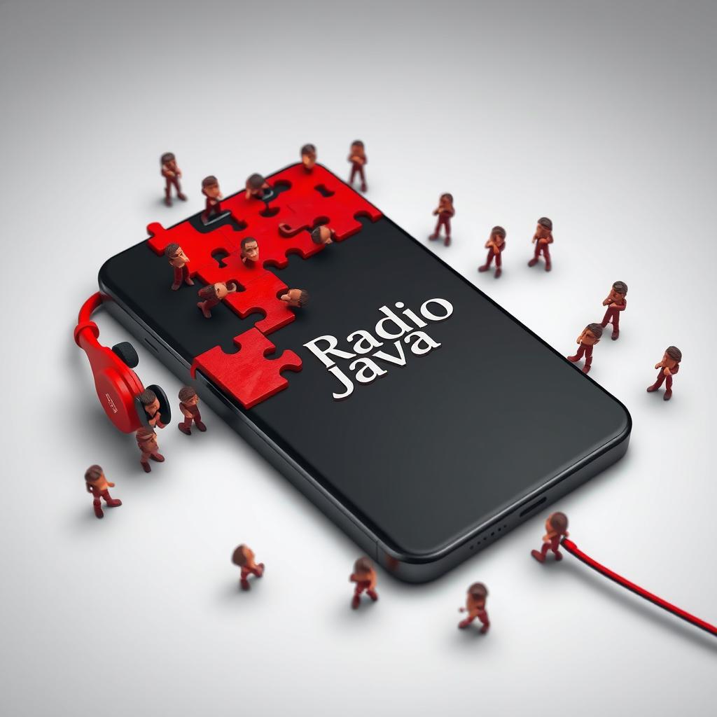 A smartphone with headphones, featuring a striking design that's divided into red puzzle pieces