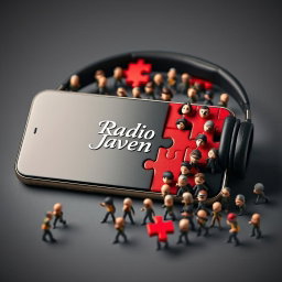 A smartphone with headphones, featuring a striking design that's divided into red puzzle pieces