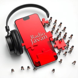 A smartphone with headphones, featuring a striking design that's divided into red puzzle pieces