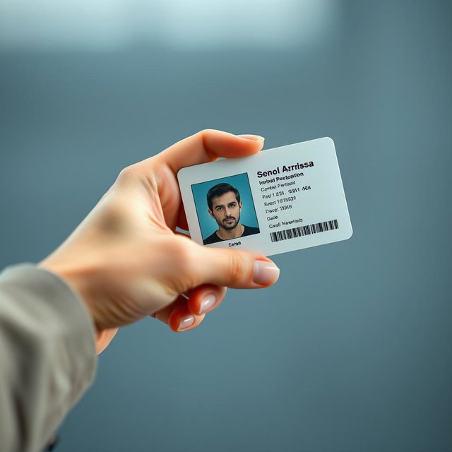 A realistic image of a person holding an ID card in their hand