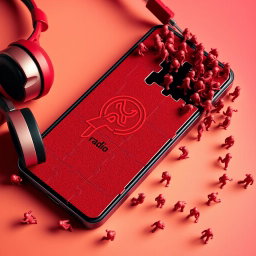 A smartphone with headphones on, featuring a striking design that is divided into an intricate red puzzle