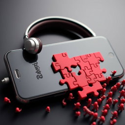 A smartphone with headphones on, featuring a striking design that is divided into an intricate red puzzle