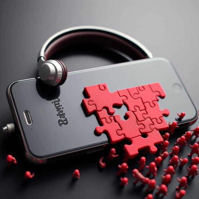 A smartphone with headphones on, featuring a striking design that is divided into an intricate red puzzle