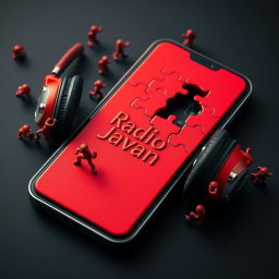 A smartphone with headphones on, featuring a striking design that is divided into an intricate red puzzle