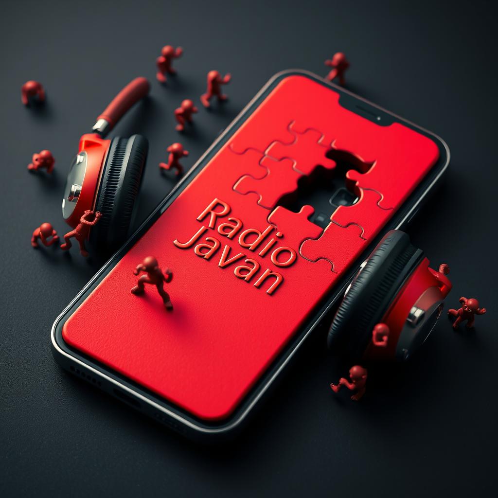 A smartphone with headphones on, featuring a striking design that is divided into an intricate red puzzle