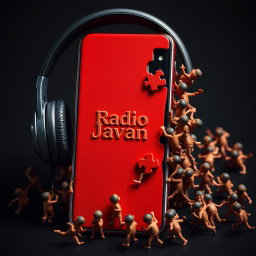 A smartphone with headphones on, featuring a striking design that is divided into an intricate red puzzle