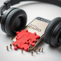 A smartphone with headphones positioned on it, featuring a unique design divided into red puzzle pieces