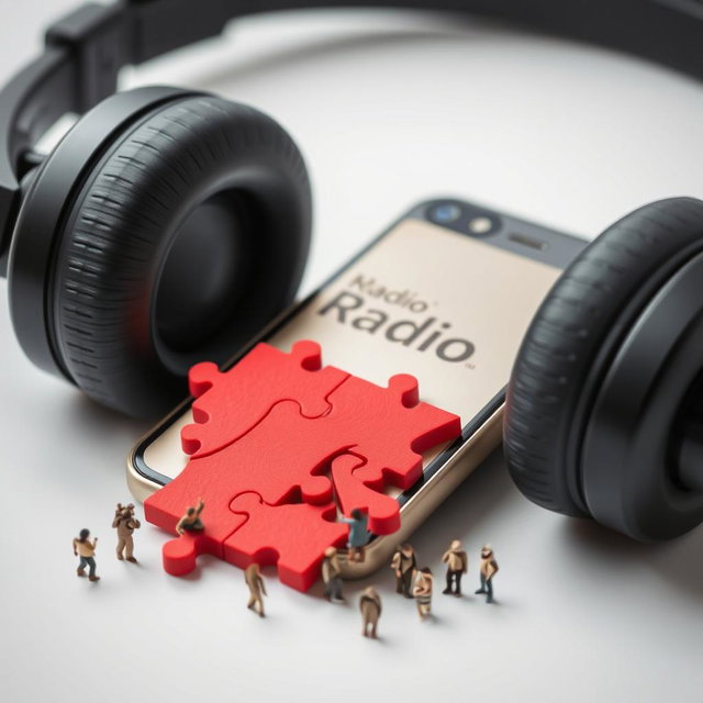 A smartphone with headphones positioned on it, featuring a unique design divided into red puzzle pieces