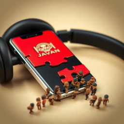 A smartphone with headphones positioned on it, featuring a unique design divided into red puzzle pieces