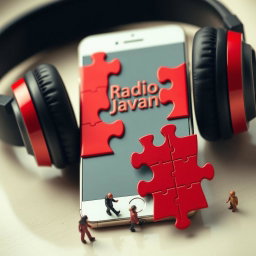 A smartphone with headphones positioned on it, featuring a unique design divided into red puzzle pieces
