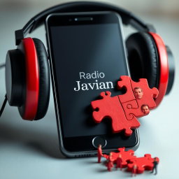 A smartphone with headphones positioned on it, featuring a unique design divided into red puzzle pieces