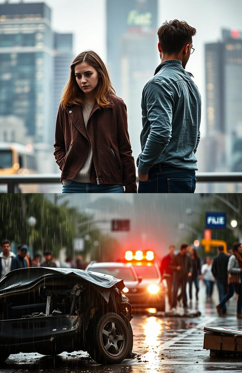 A scene depicting the emotional turmoil of a couple after a breakup, standing apart with expressions of sorrow and regret, set against a blurred city background
