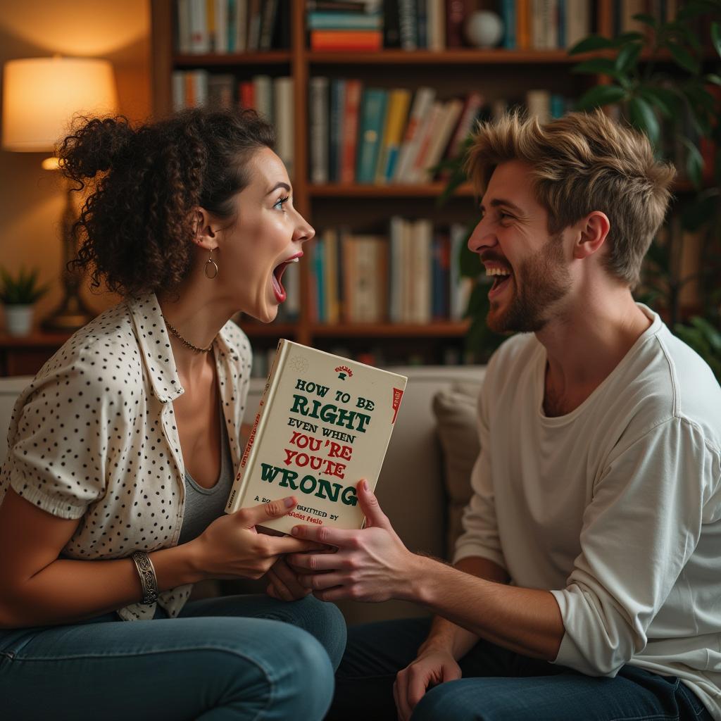 A woman energetically yelling at a man in a humorous, light-hearted scene, capturing the fun and playful dynamic between them